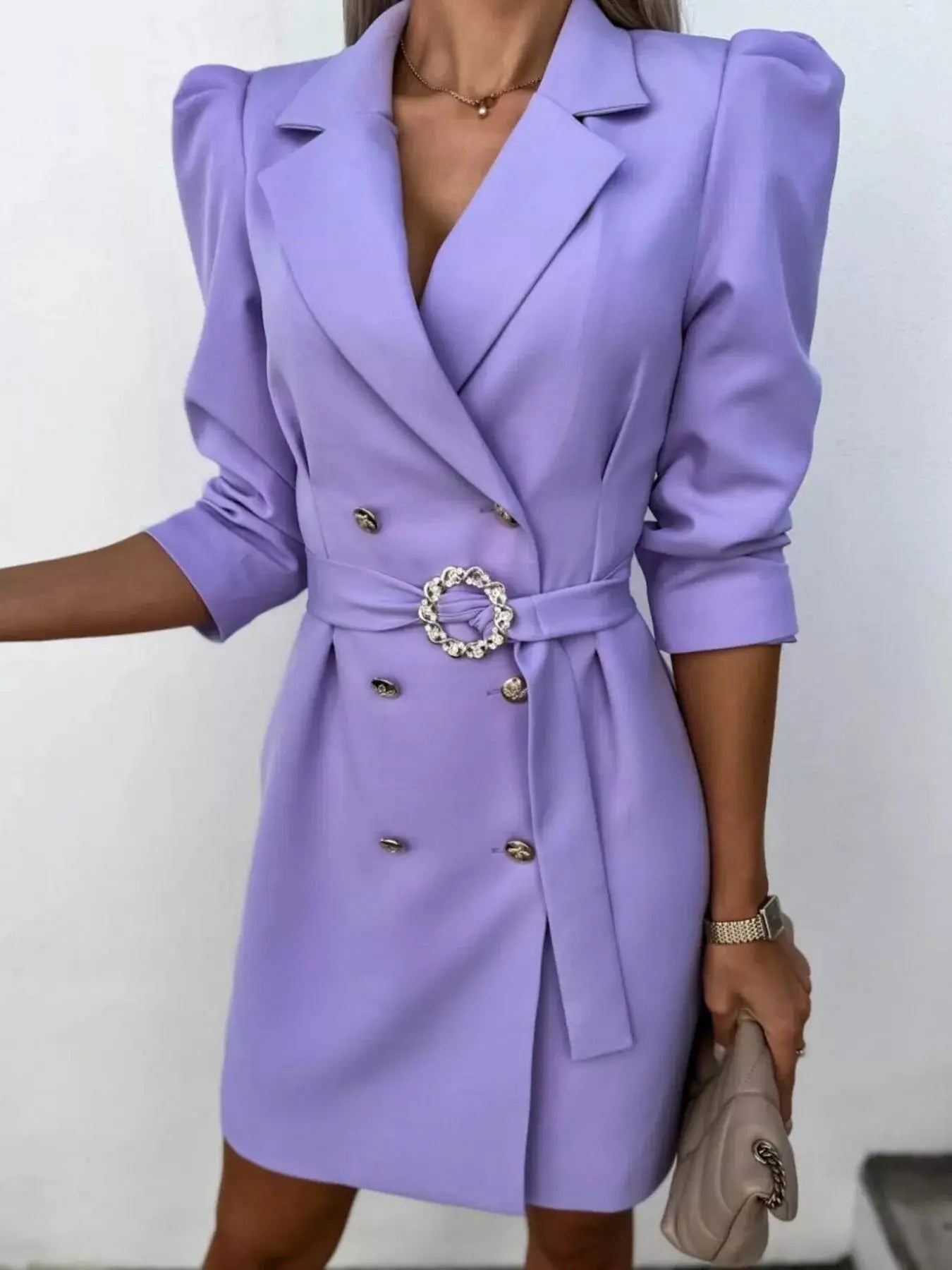 3/4 Sleeve Belted Blazer Dress - Charmdeals