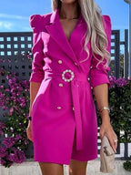3/4 Sleeve Belted Blazer Dress - Charmdeals