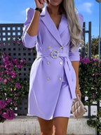 3/4 Sleeve Belted Blazer Dress - Charmdeals