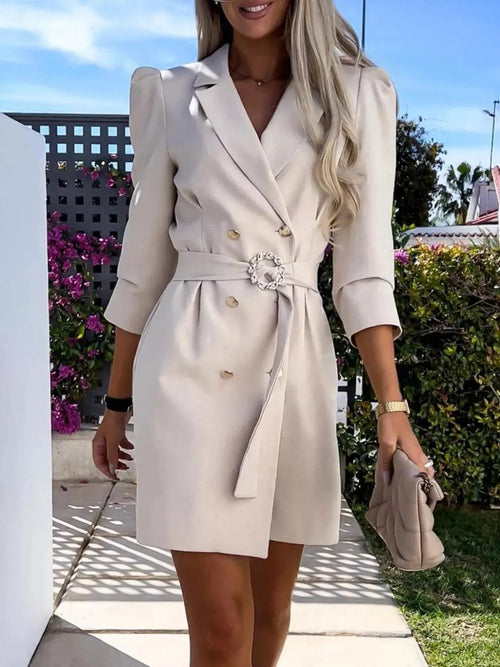 3/4 Sleeve Belted Blazer Dress - Charmdeals