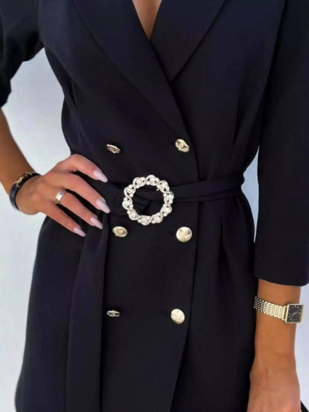 3/4 Sleeve Belted Blazer Dress - Charmdeals