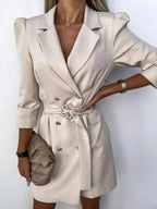 3/4 Sleeve Belted Blazer Dress - Charmdeals