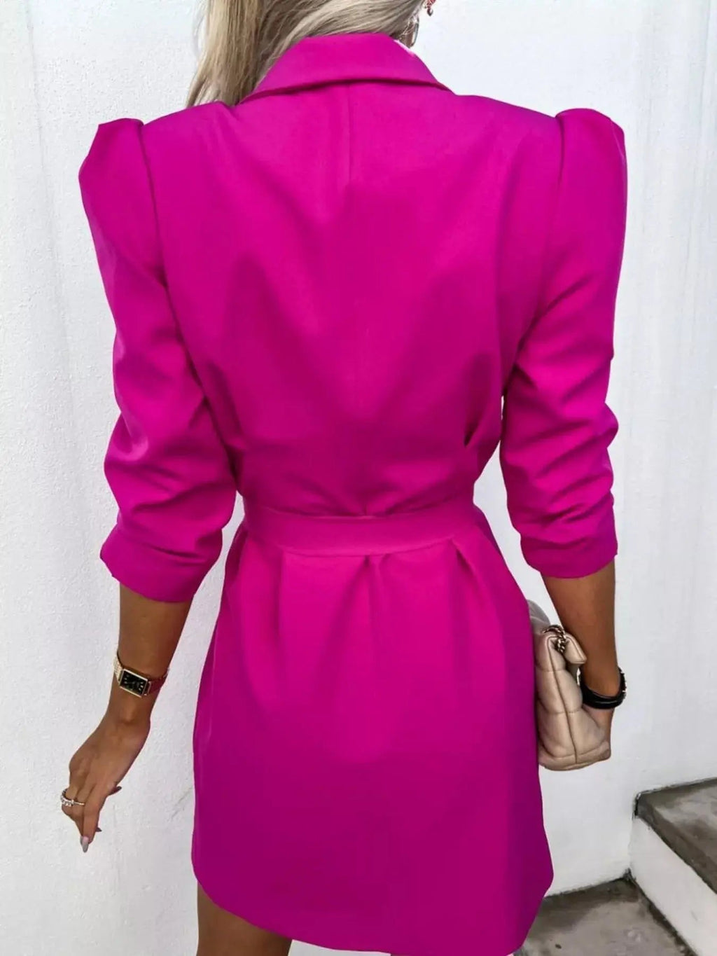 3/4 Sleeve Belted Blazer Dress - Charmdeals