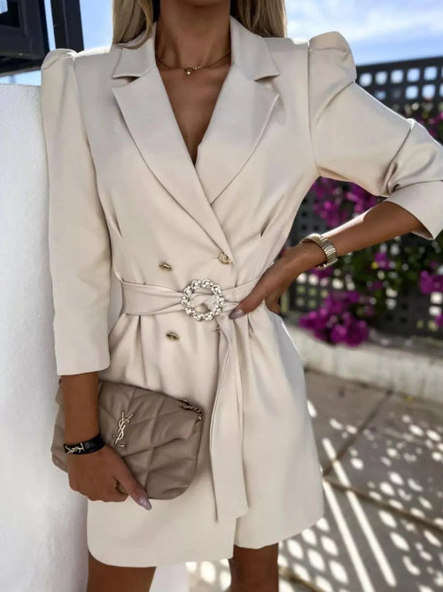 3/4 Sleeve Belted Blazer Dress - Charmdeals