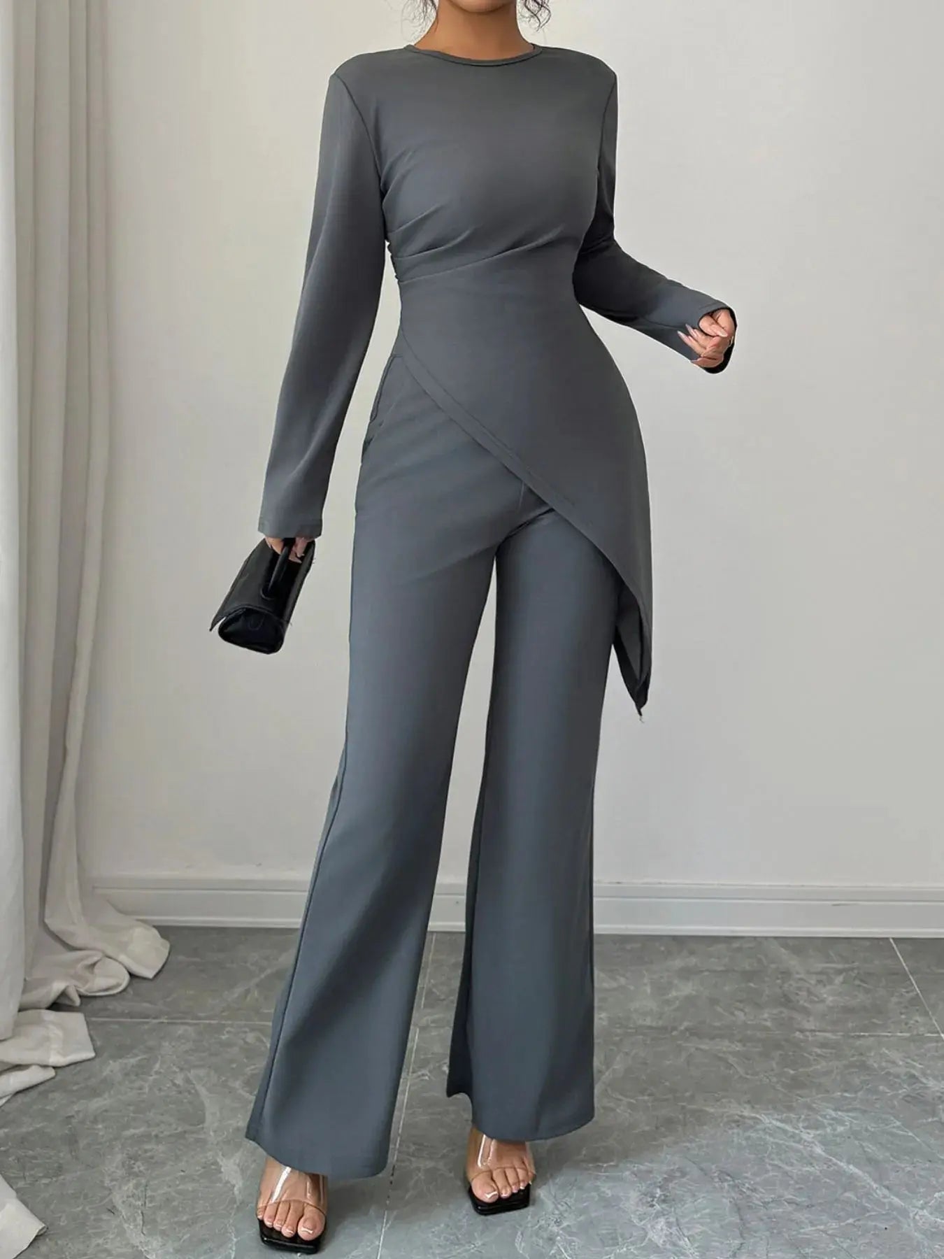 Asymmetric Long Sleeve Top and Pants Set - Charmdeals