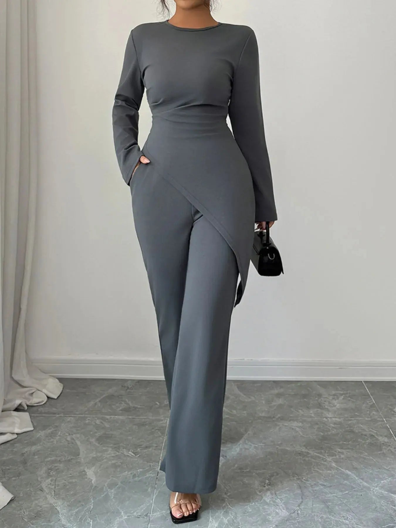 Asymmetric Long Sleeve Top and Pants Set - Charmdeals