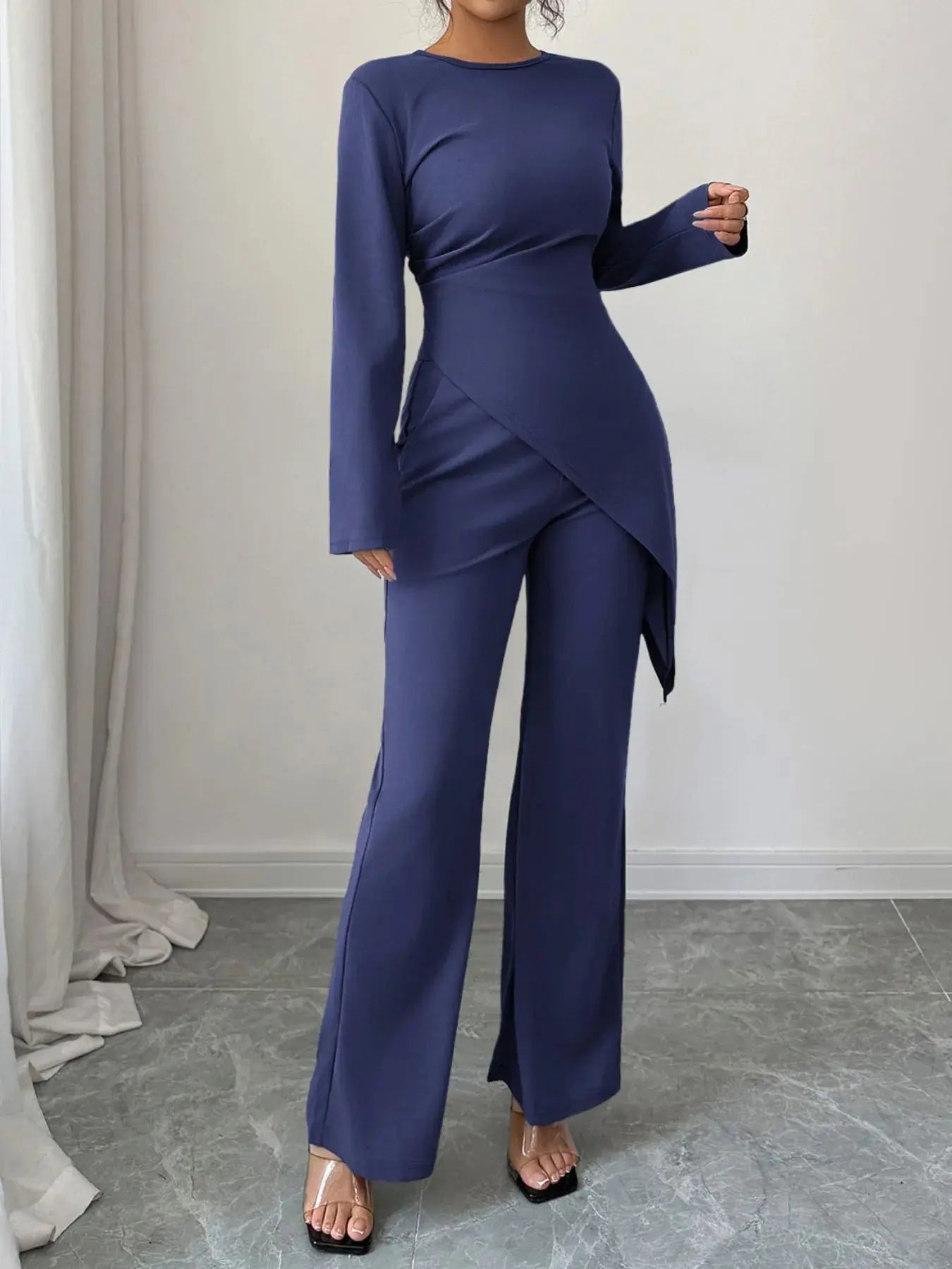 Asymmetric Long Sleeve Top and Pants Set - Charmdeals