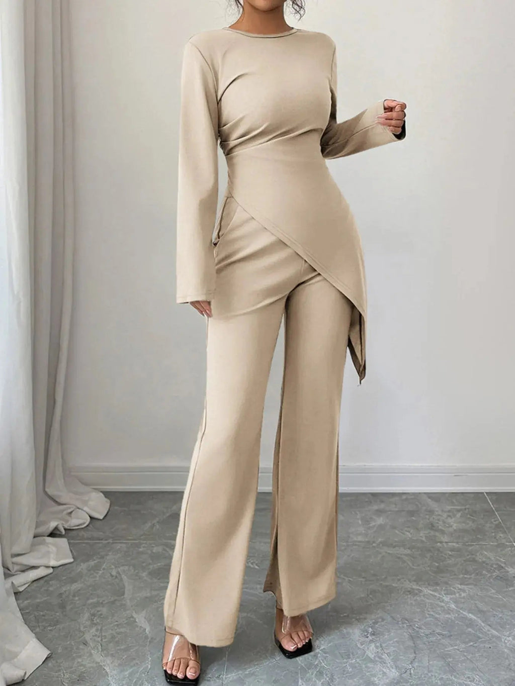 Asymmetric Long Sleeve Top and Pants Set - Charmdeals