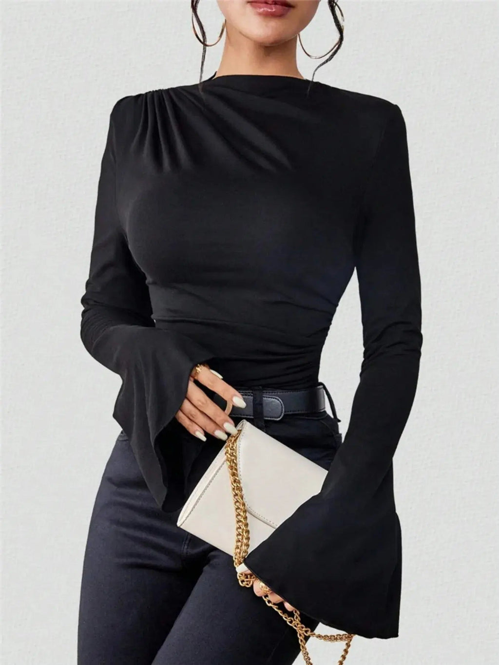 Bell Sleeve Ruched Fitted T-Shirt with Mock Neck - Charmdeals