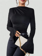 Bell Sleeve Ruched Fitted T-Shirt with Mock Neck - Charmdeals