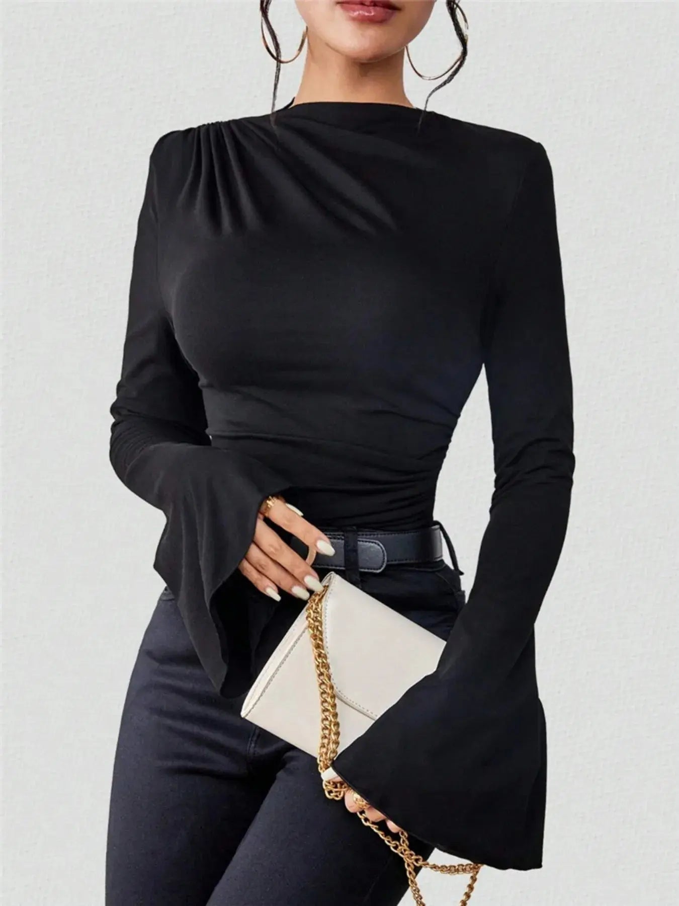 Bell Sleeve Ruched Fitted T-Shirt with Mock Neck - Charmdeals