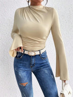 Bell Sleeve Ruched Fitted T-Shirt with Mock Neck - Charmdeals