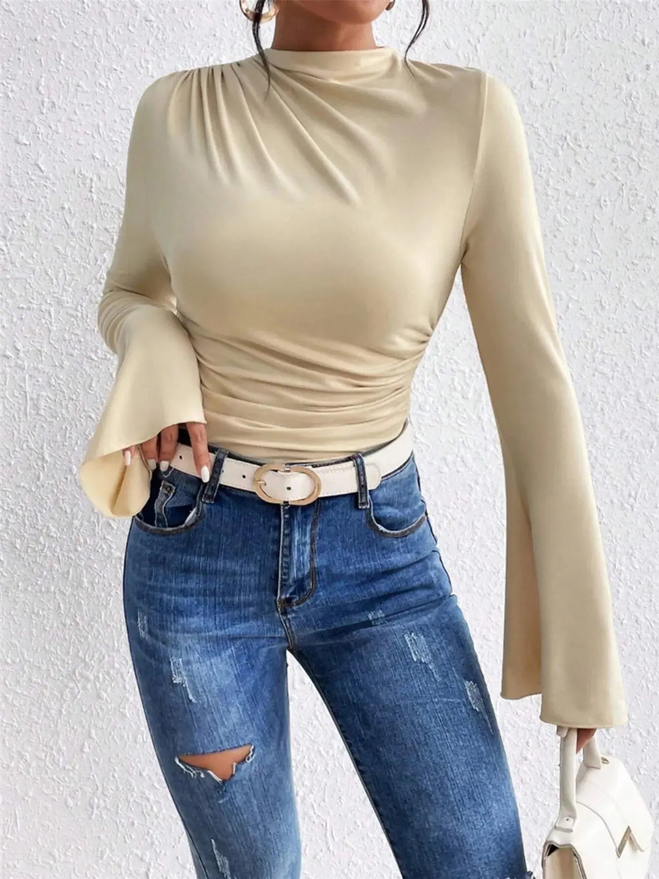 Bell Sleeve Ruched Fitted T-Shirt with Mock Neck - Charmdeals