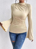 Bell Sleeve Ruched Fitted T-Shirt with Mock Neck - Charmdeals