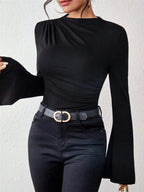 Bell Sleeve Ruched Fitted T-Shirt with Mock Neck - Charmdeals