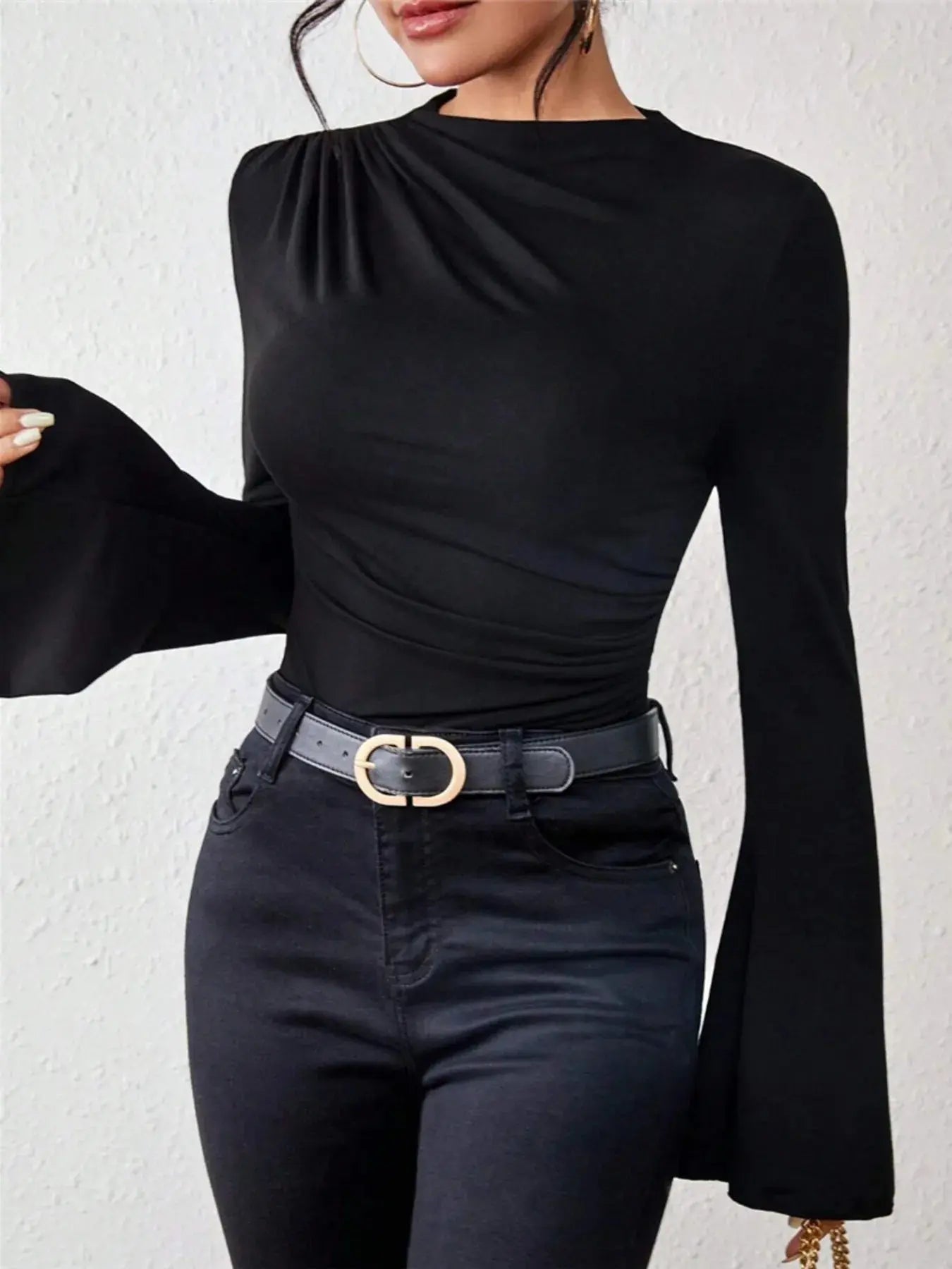 Bell Sleeve Ruched Fitted T-Shirt with Mock Neck - Charmdeals
