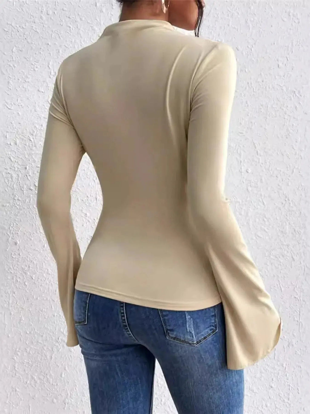 Bell Sleeve Ruched Fitted T-Shirt with Mock Neck - Charmdeals
