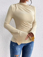 Bell Sleeve Ruched Fitted T-Shirt with Mock Neck - Charmdeals