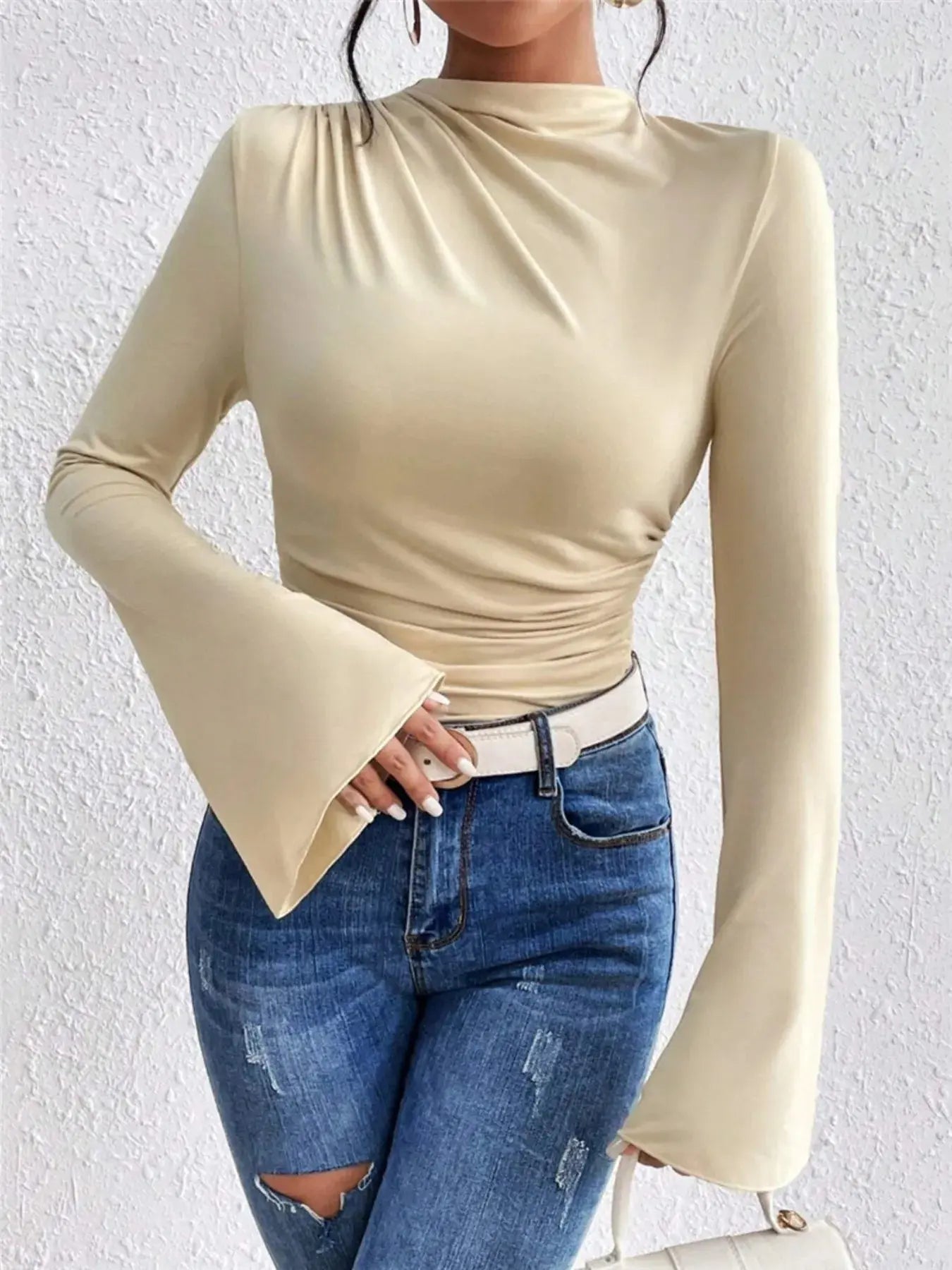 Bell Sleeve Ruched Fitted T-Shirt with Mock Neck - Charmdeals