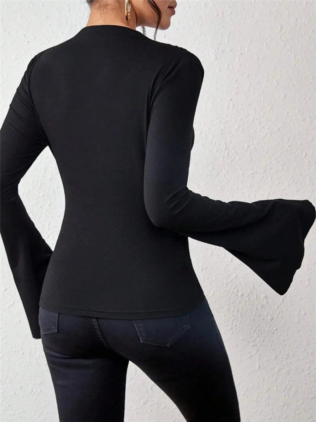 Bell Sleeve Ruched Fitted T-Shirt with Mock Neck - Charmdeals