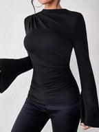 Bell Sleeve Ruched Fitted T-Shirt with Mock Neck - Charmdeals