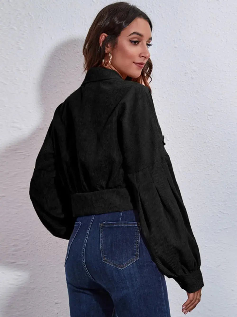 Button Down Collared Neck Cropped Jacket - Charmdeals