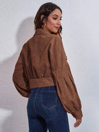 Button Down Collared Neck Cropped Jacket - Charmdeals