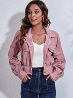 Button Down Collared Neck Cropped Jacket - Charmdeals