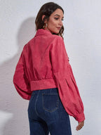 Button Down Collared Neck Cropped Jacket - Charmdeals