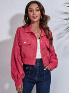Button Down Collared Neck Cropped Jacket - Charmdeals