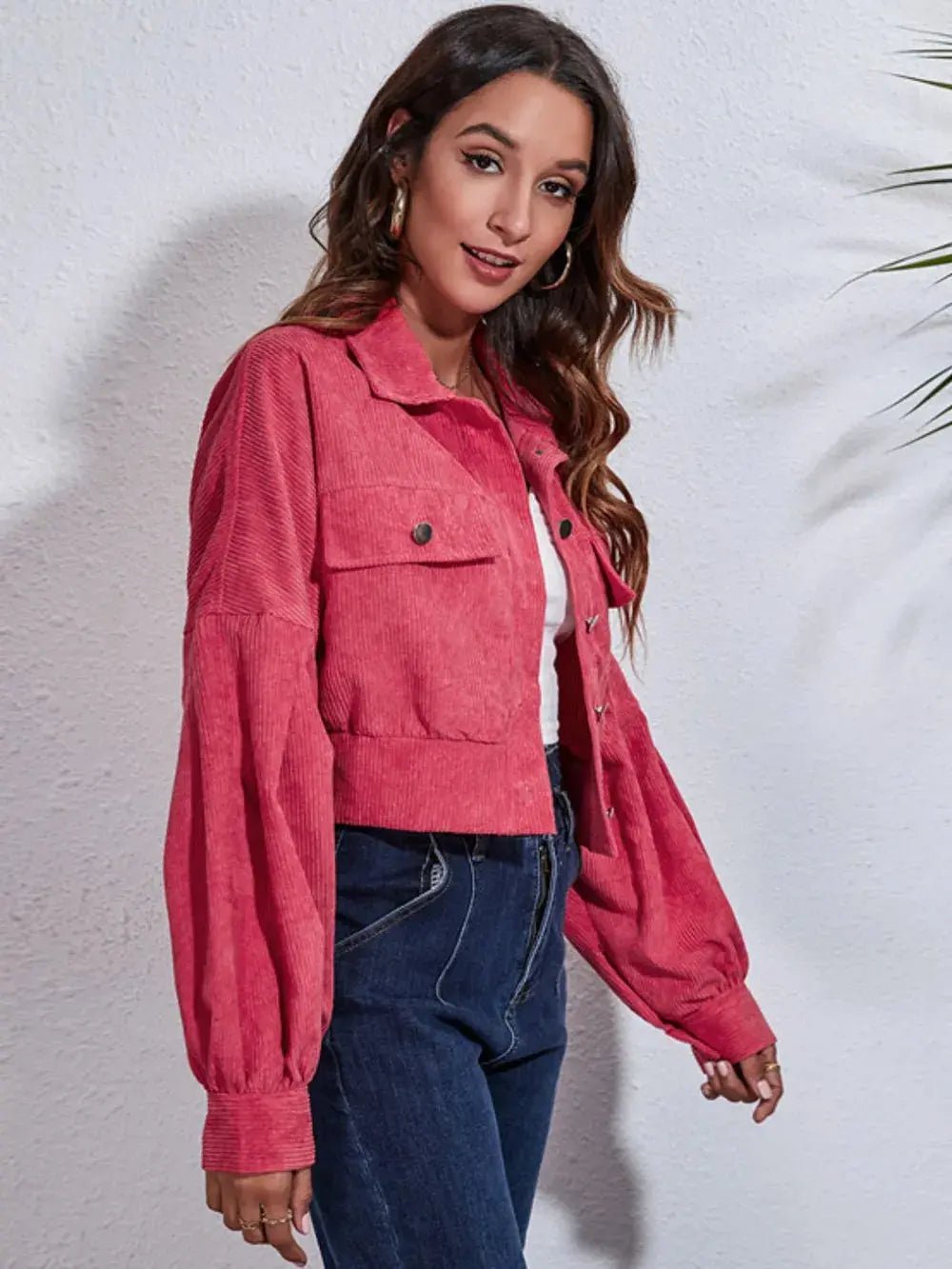 Button Down Collared Neck Cropped Jacket - Charmdeals