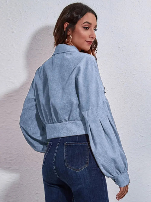 Button Down Collared Neck Cropped Jacket - Charmdeals