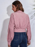 Button Down Collared Neck Cropped Jacket - Charmdeals