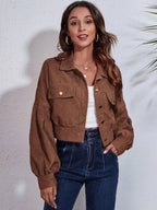 Button Down Collared Neck Cropped Jacket - Charmdeals