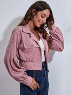 Button Down Collared Neck Cropped Jacket - Charmdeals