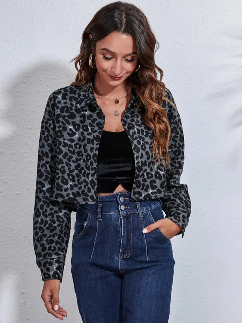 Button Down Printed Cropped Jacket - Charmdeals