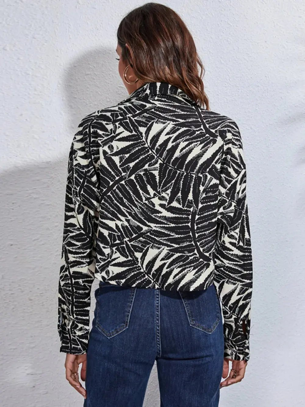 Button Down Printed Cropped Jacket - Charmdeals