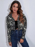 Button Down Printed Cropped Jacket - Charmdeals
