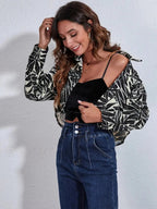Button Down Printed Cropped Jacket - Charmdeals