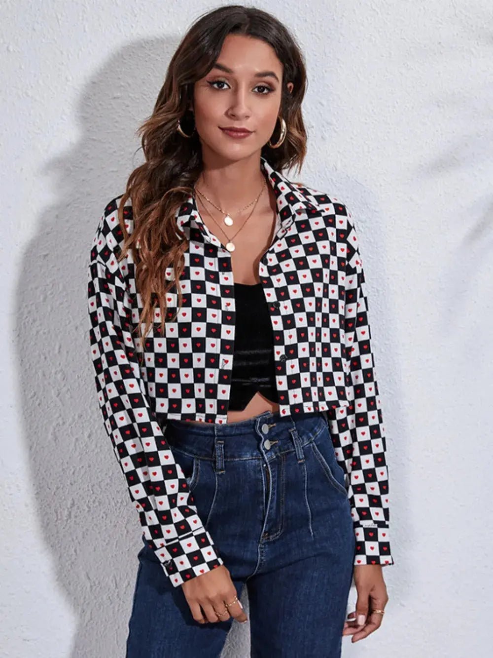 Button Down Printed Cropped Jacket - Charmdeals