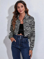 Button Down Printed Cropped Jacket - Charmdeals