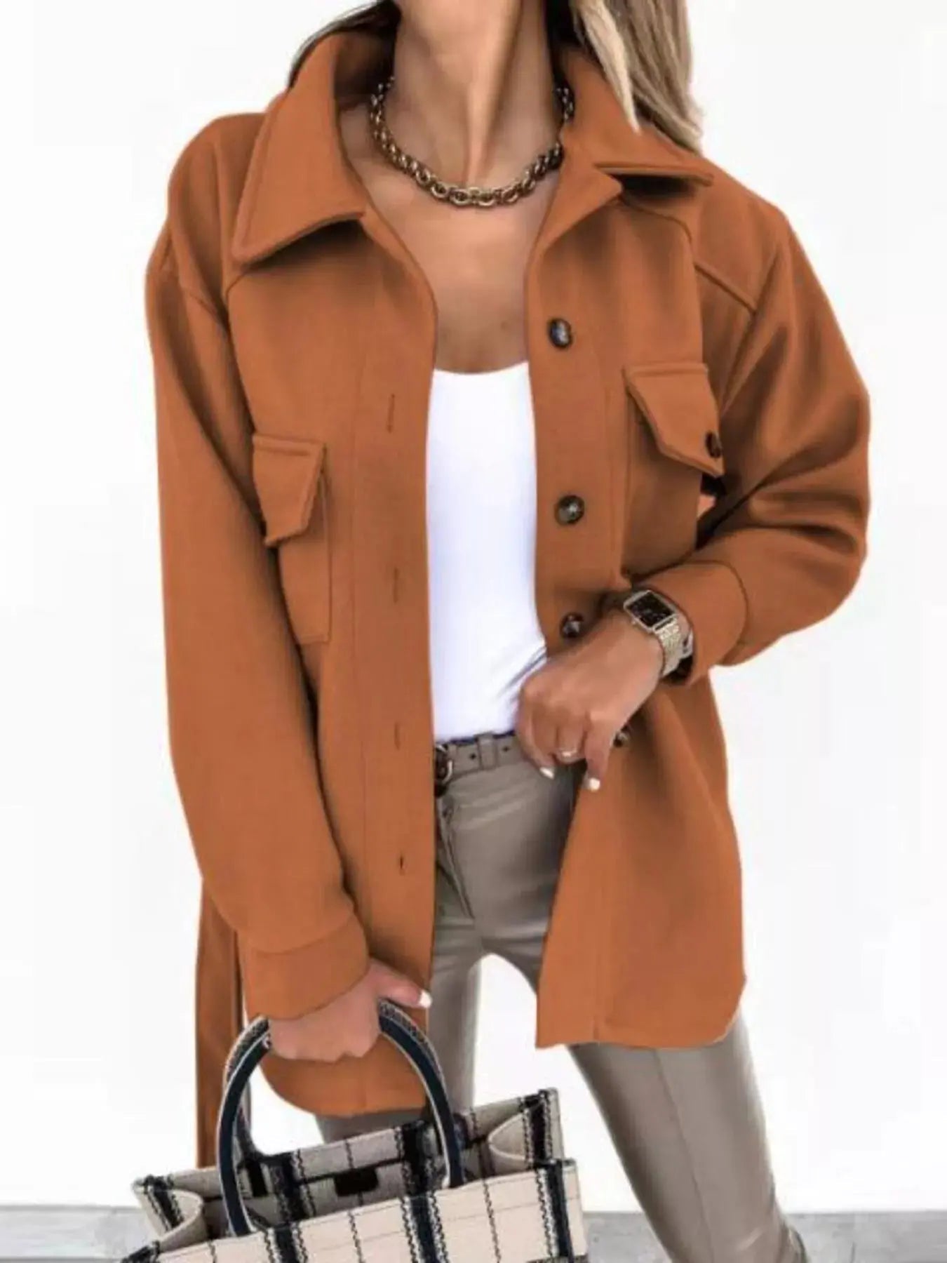 Button - Down Tie Waist Coat - Charmdeals
