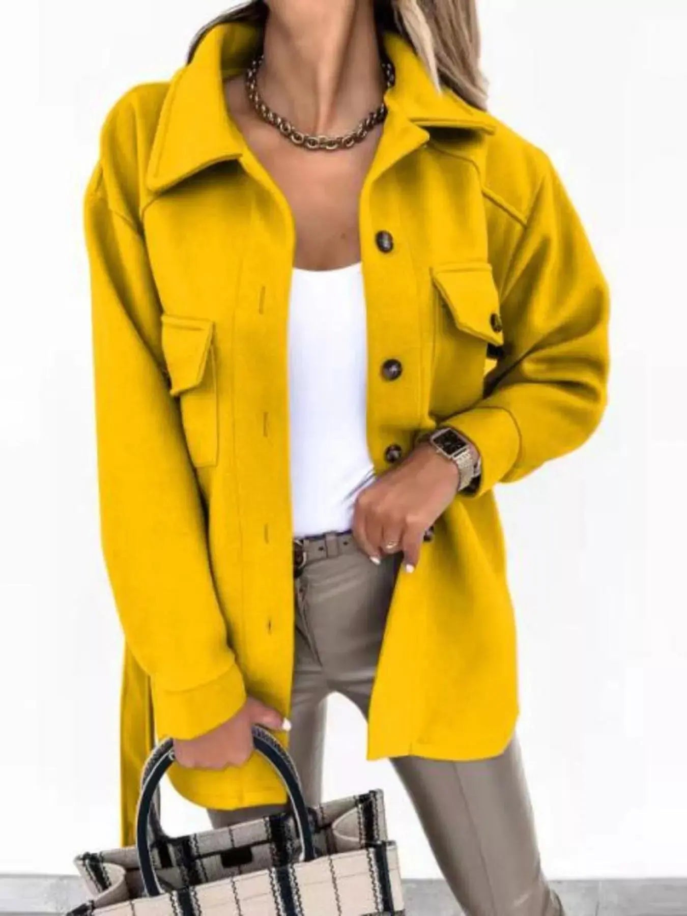 Button - Down Tie Waist Coat - Charmdeals