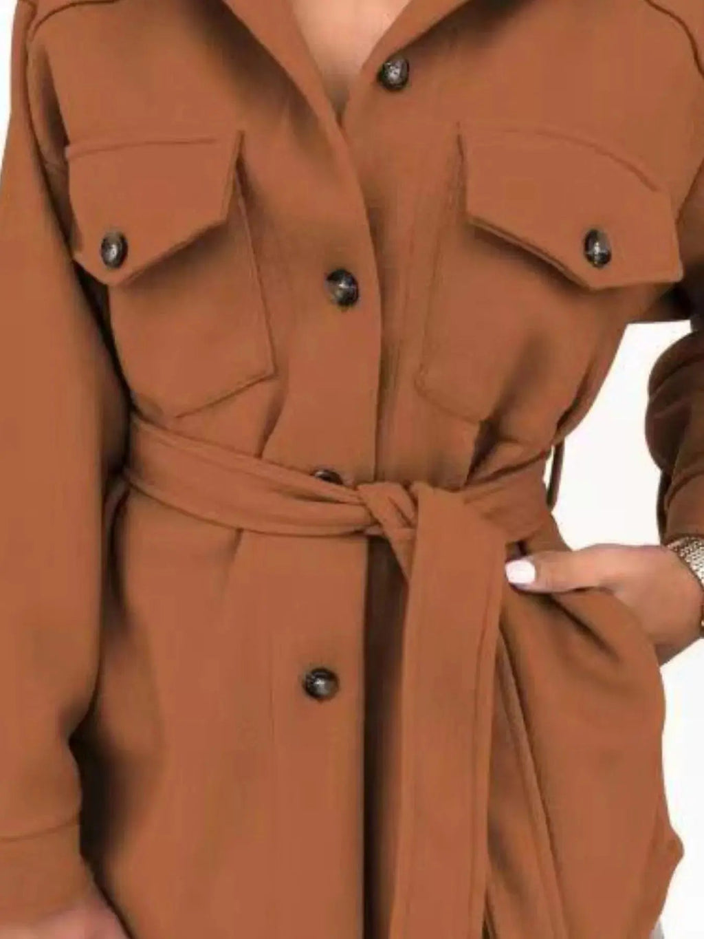 Button - Down Tie Waist Coat - Charmdeals