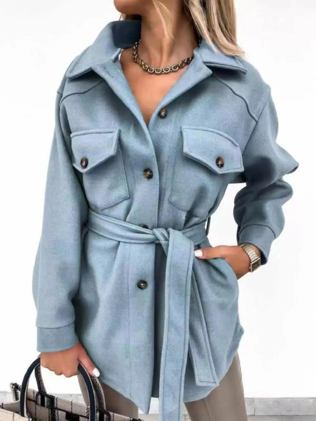 Button - Down Tie Waist Coat - Charmdeals