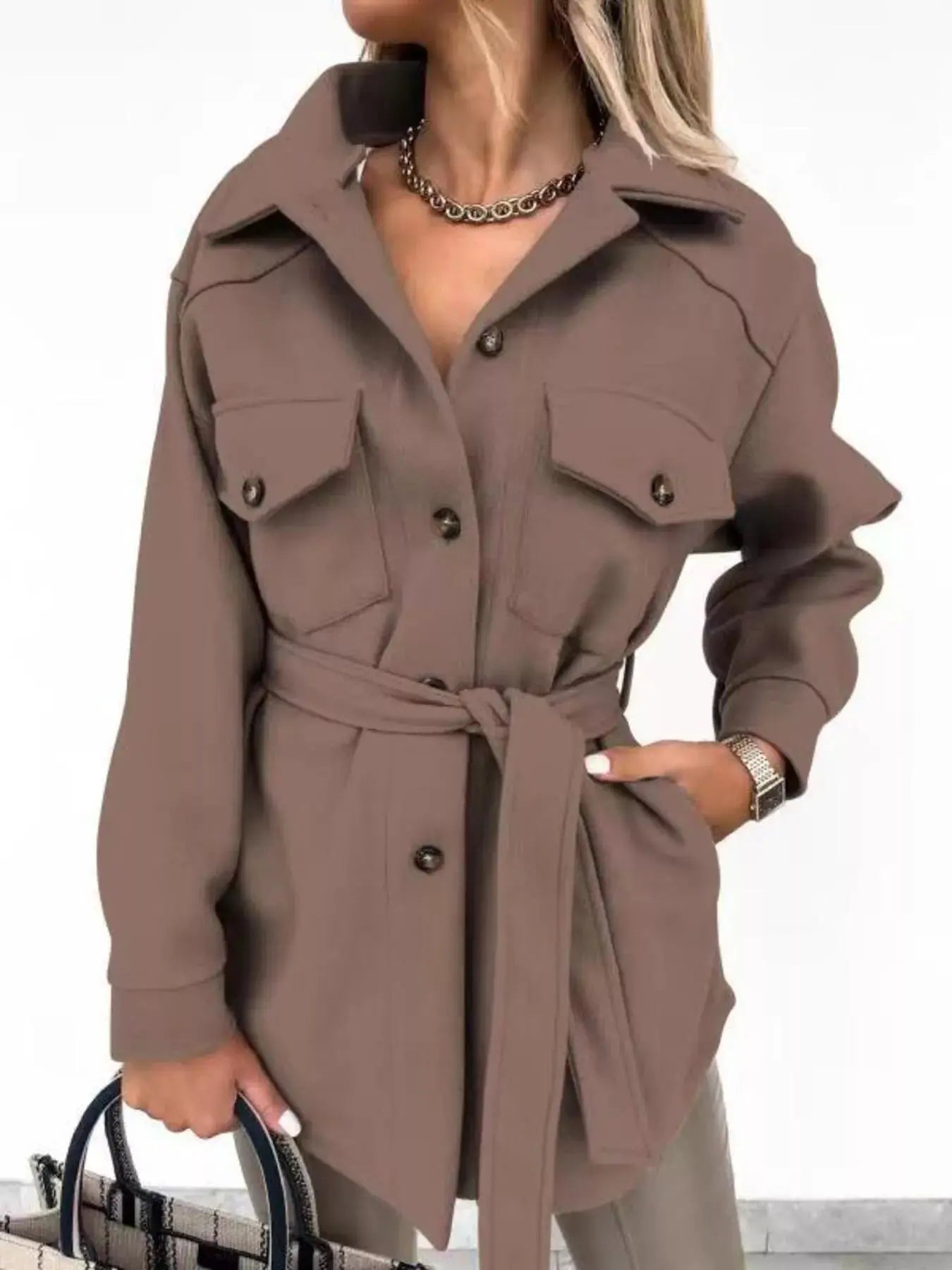 Button - Down Tie Waist Coat - Charmdeals