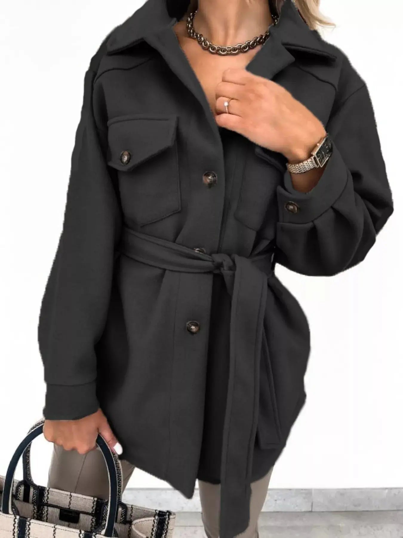 Button - Down Tie Waist Coat - Charmdeals
