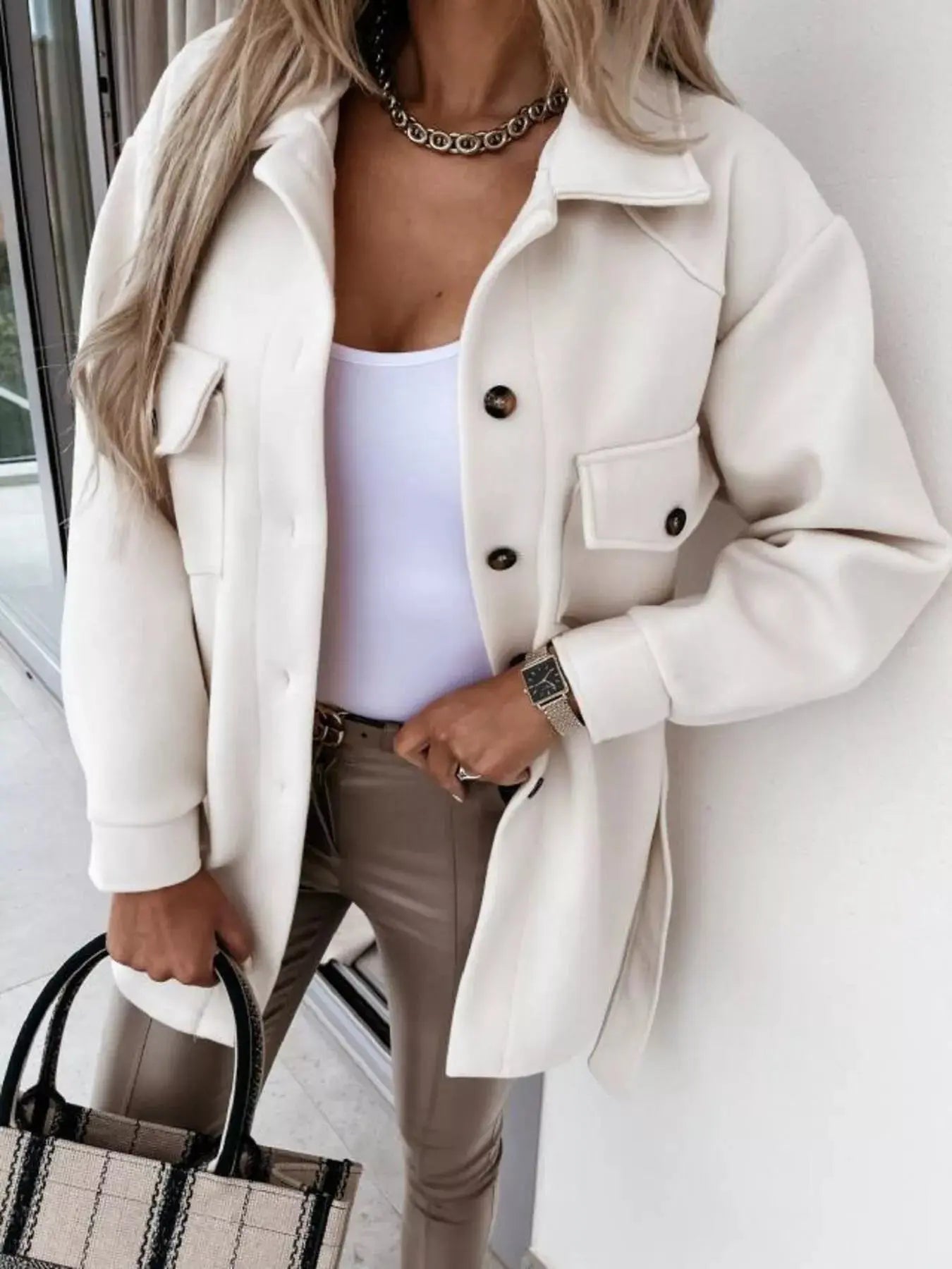 Button - Down Tie Waist Coat - Charmdeals