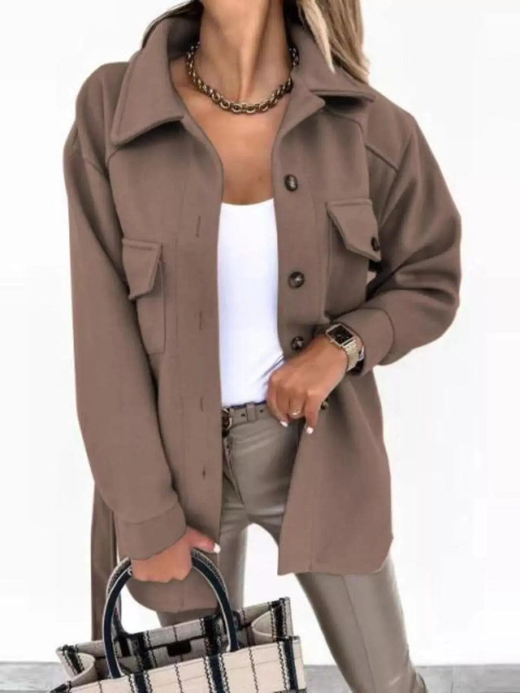 Button - Down Tie Waist Coat - Charmdeals