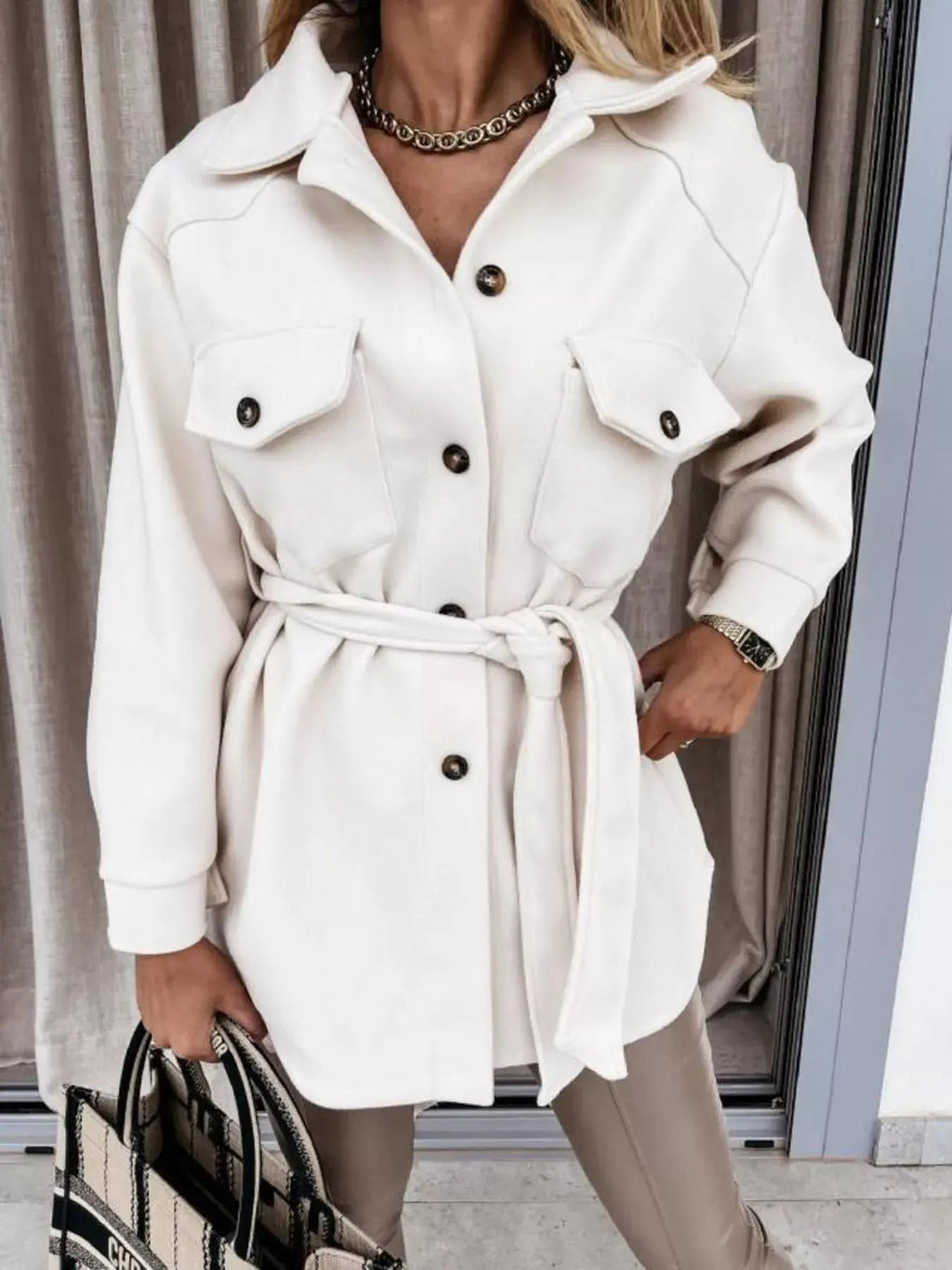 Button - Down Tie Waist Coat - Charmdeals